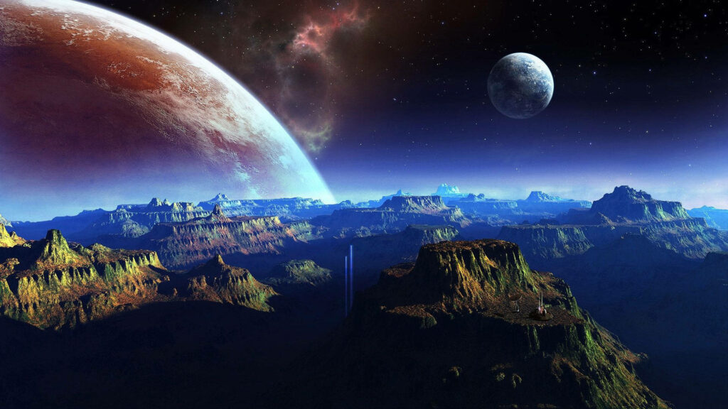 Surreal Mountain Wallpaper: Sci-Fi Landscape with Two Planets