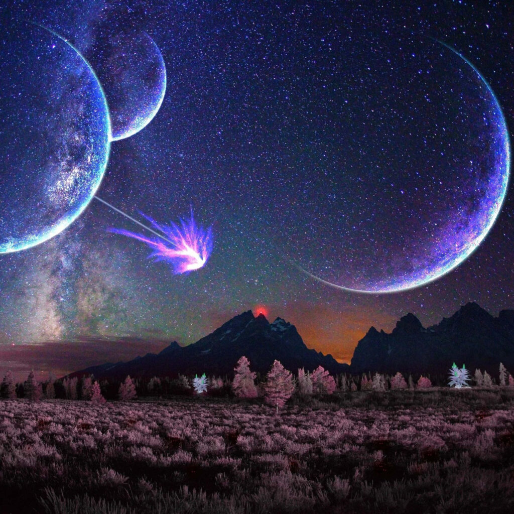 Surreal Space Scene Wallpaper: 3D Moons, Comet & Glowing Trees