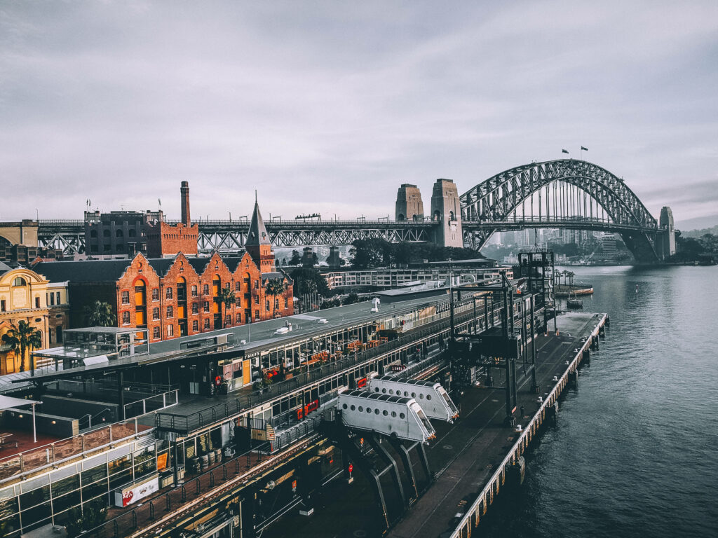 Stunning Sydney Harbour Bridge Wallpaper: Calm Sky & Historic Docks