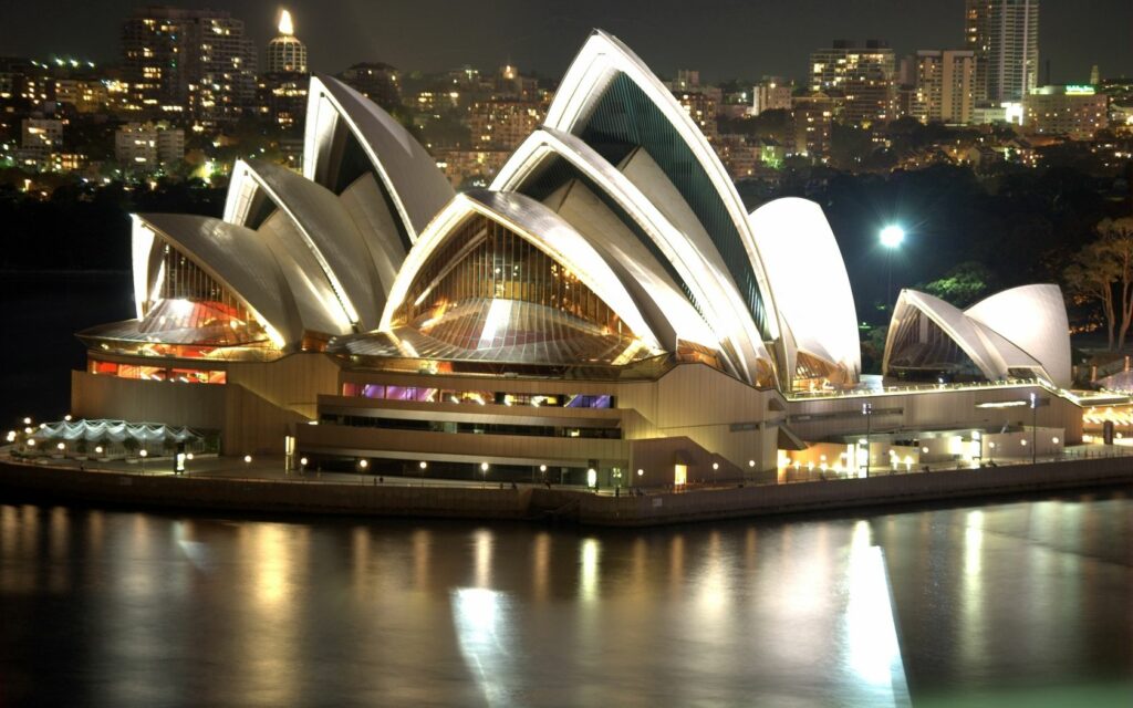 Stunning Sydney Opera House Night Wallpaper with Skyline Reflection