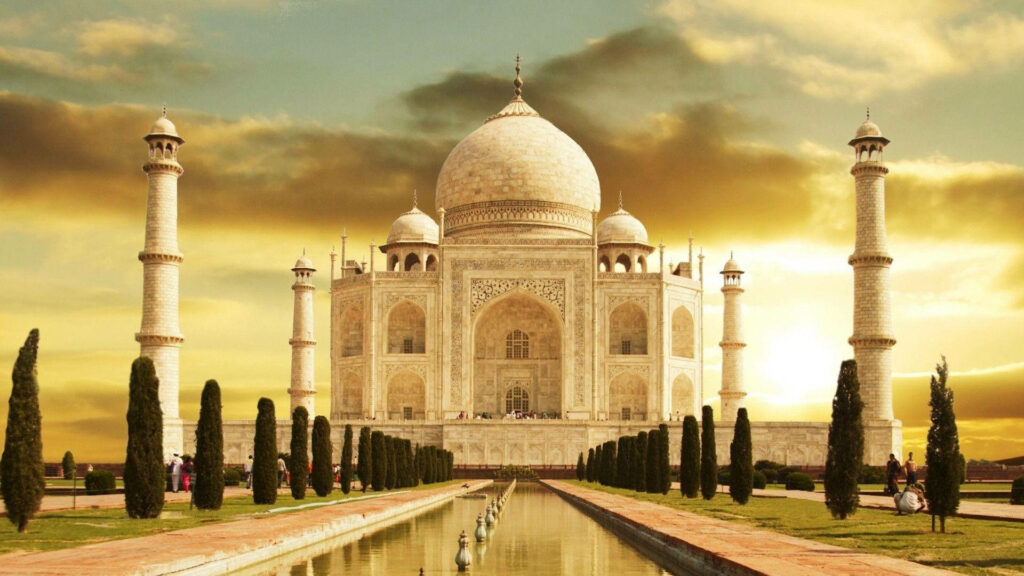 Majestic Taj Mahal Wallpaper: Sunset View of India's Iconic Landmark
