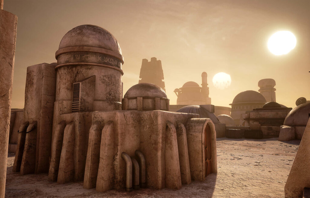 Tatooine Desert Wallpaper: Stunning Dual Sunsets & Unique Architecture
