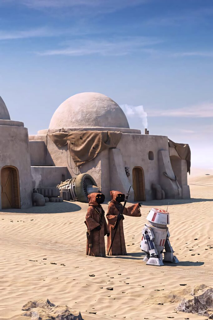 Stunning Tatooine Wallpaper: Jawas & R2-D2 in Star Wars Landscape