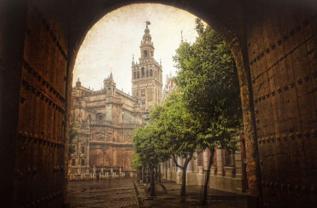 Textured Historic Seville Cathedral Image: Arched Entrance & Greenery Wallpaper