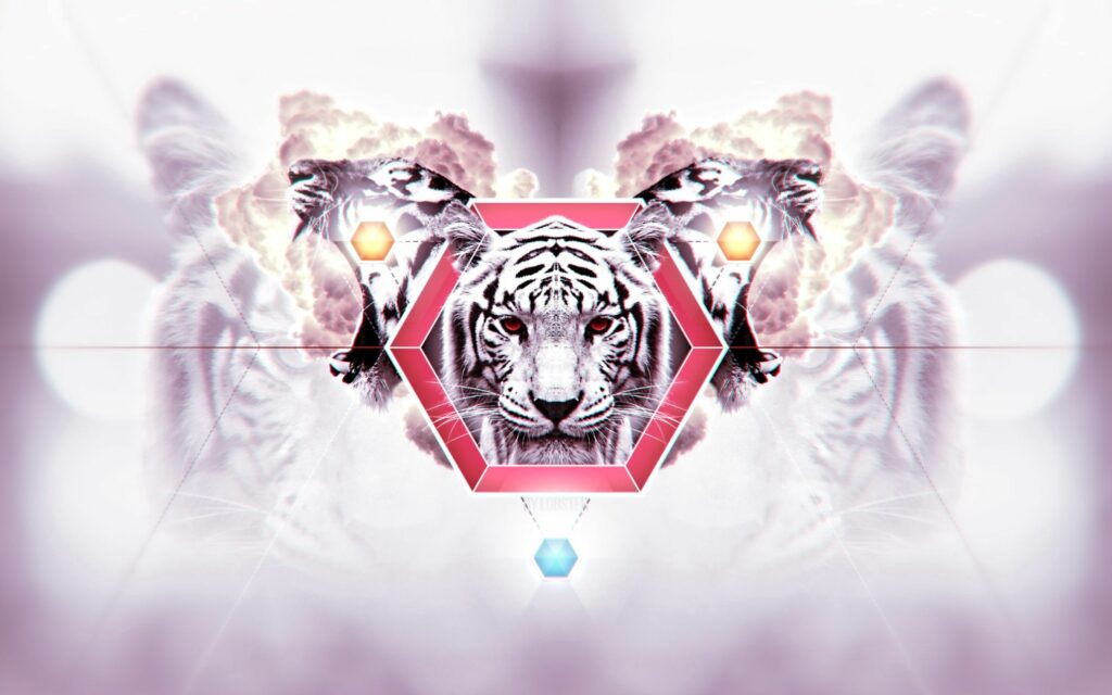 Striking Tiger Face Wallpaper with Geometric Shapes and Ethereal Background