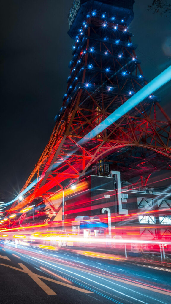 Stunning Tokyo Tower Wallpaper: Night View with Vibrant Light Trails
