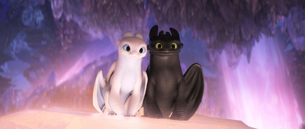 Stunning Toothless & Light Fury Wallpaper with Mystical Glowing Backdrop