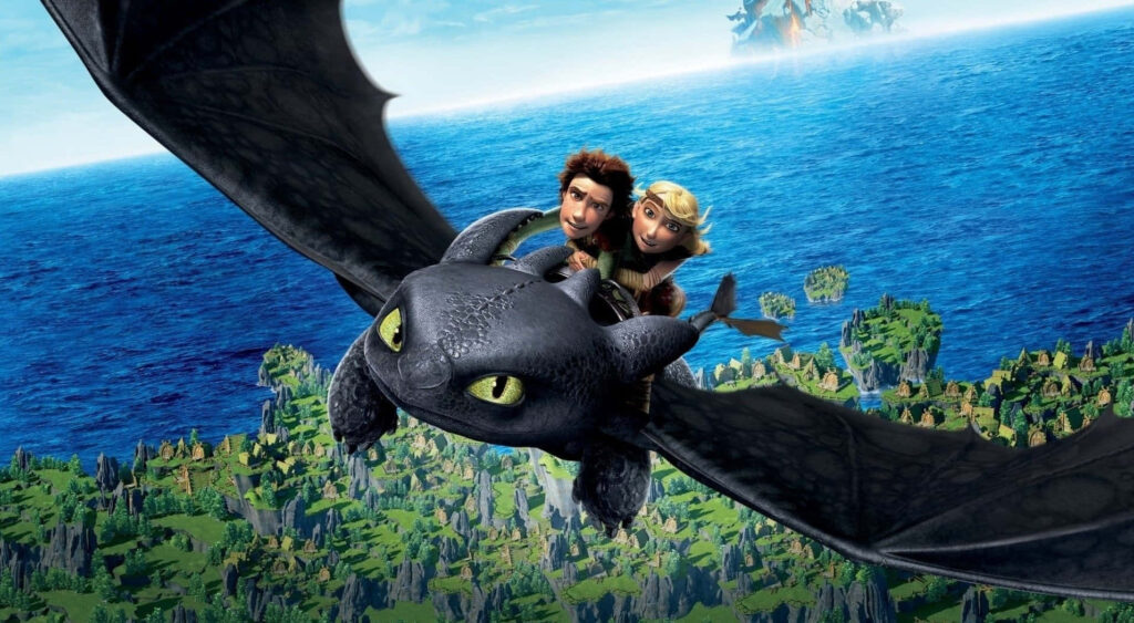 Stunning Toothless, Hiccup & Astrid Wallpaper with Ocean View