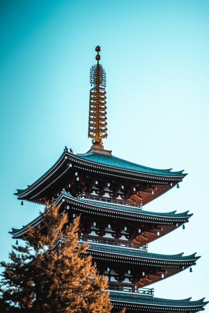 Japanese Pagoda Wallpaper: Serene Blue Sky & Lush Greenery Background