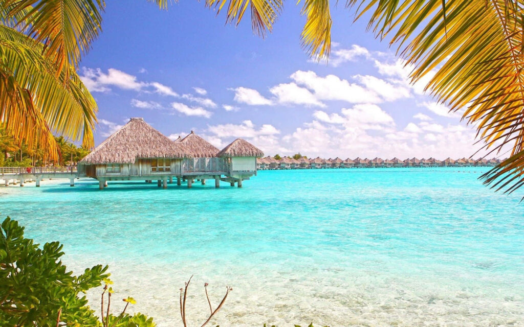 Tropical Getaway: Wallpaper with Turquoise Waters & Overwater Bungalows