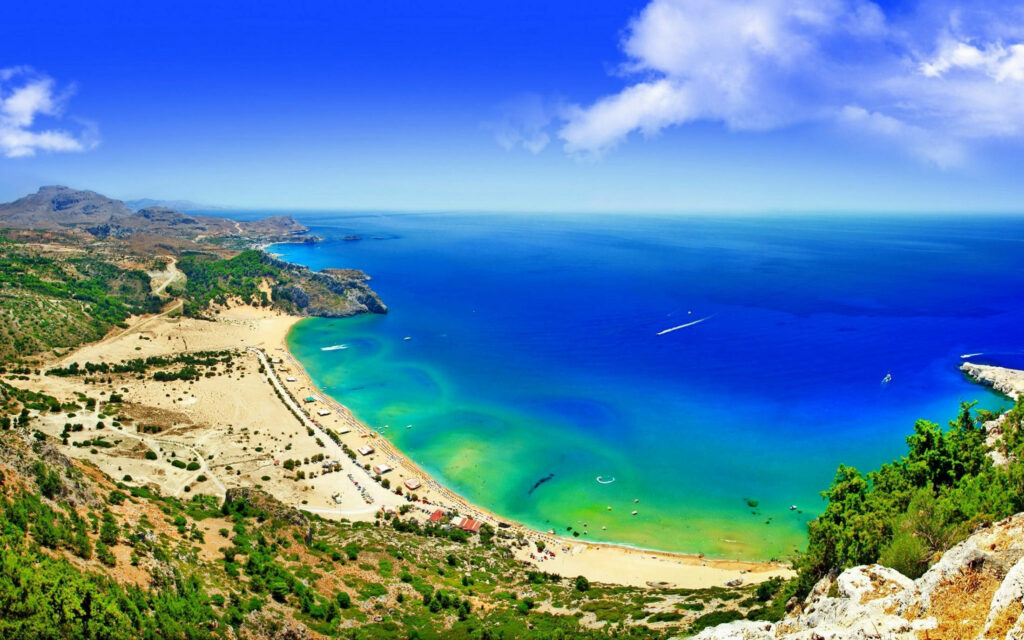 Stunning Tsambika Beach Wallpaper: Golden Sands & Turquoise Waters