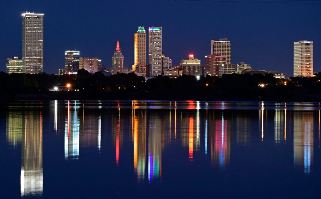Stunning Tulsa Skyline Night View - Mirror Image Wallpaper Background
