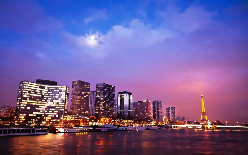 Twilight Cityscape Wallpaper: Modern Buildings & Eiffel Tower View