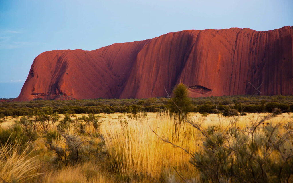 Stunning Uluru Wallpaper: Iconic Outback Beauty with Green & Yellow Shrubs