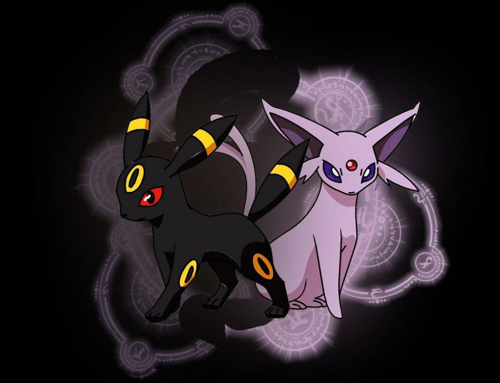 Digital art wallpaper of Pokémon Umbreon and Espeon with glowing purple magical runes background