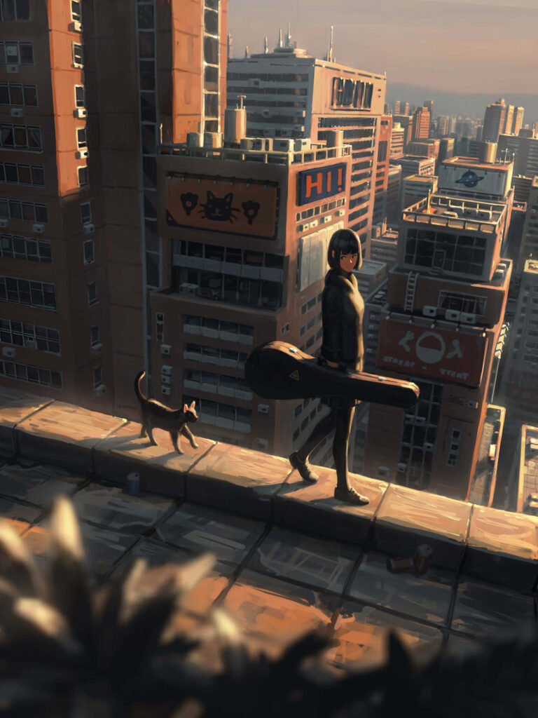 Stunning Anime Rooftop Wallpaper: Urban Serenity with Guitarist & Cat