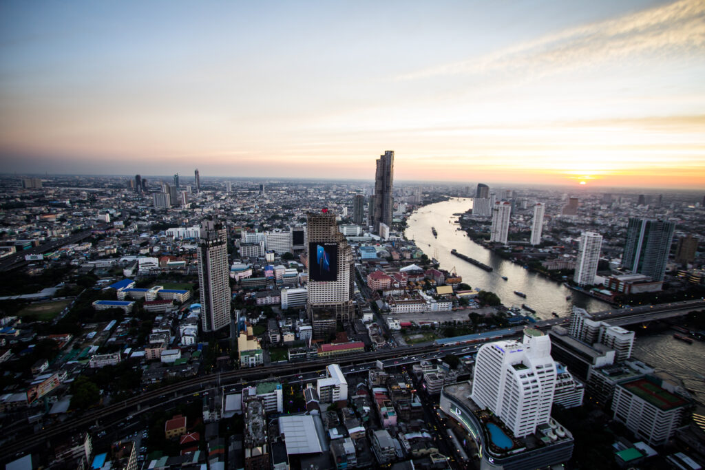 Stunning Sunrise Urban Cityscape Wallpaper Background with River