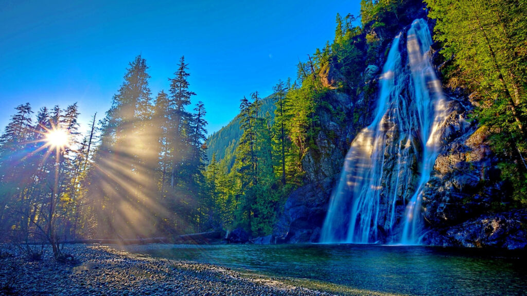 Stunning Virgin Falls Wallpaper: Lush Green Forest & Blue Sky