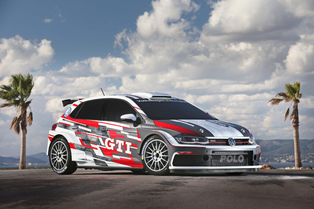 Vibrant Volkswagen Polo GTT Wallpaper with Racing Decals & Palm Trees