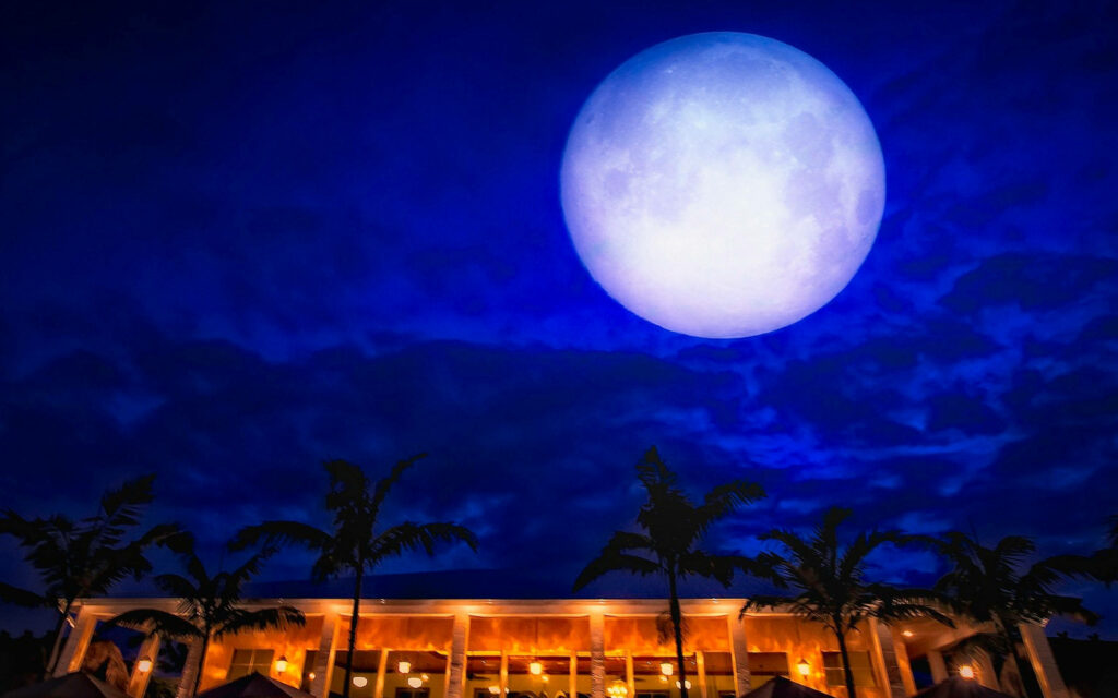 Stunning Moonlit Wallpaper: Full Moon Over Resort & Palm Trees