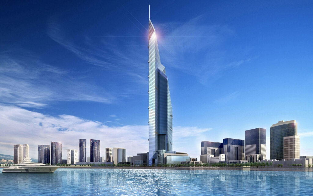 Stunning Doha Tower Wallpaper: Modern Architecture & Blue Sky Background
