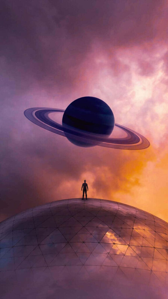 Stunning Wallpaper: Figure Gazing at Saturn on Reflective Dome