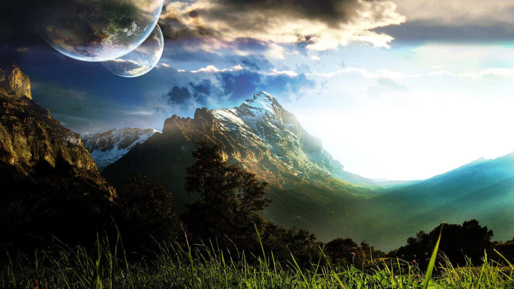 Stunning Nature Fantasy Wallpaper: Grassy Plains & Celestial Mountains