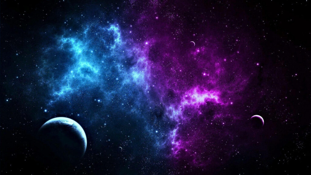 Vibrant Blue & Purple Cosmic Nebula Wallpaper with Two Planets