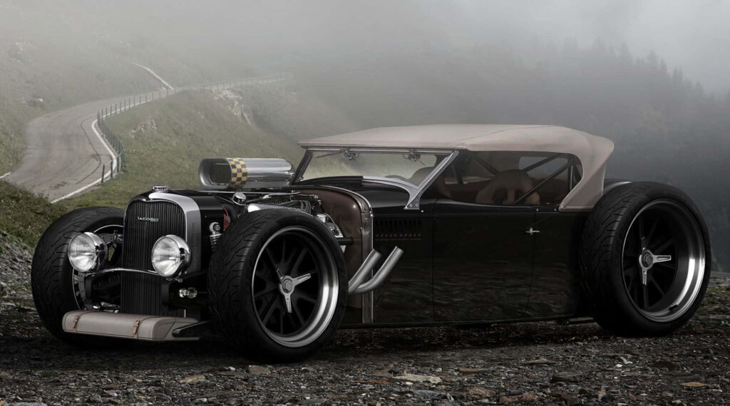 Vintage Hot Rod Wallpaper: Classic Car on Misty Mountain Road