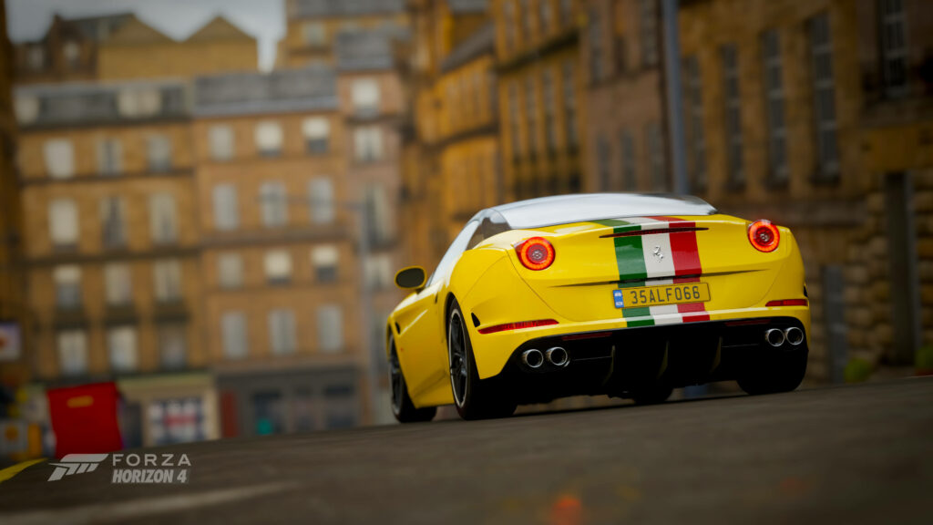 Stylish Speed: a Yellow Ferrari Embraces Italian Pride, Accelerating in Vibrant Urban Surroundings Wallpaper