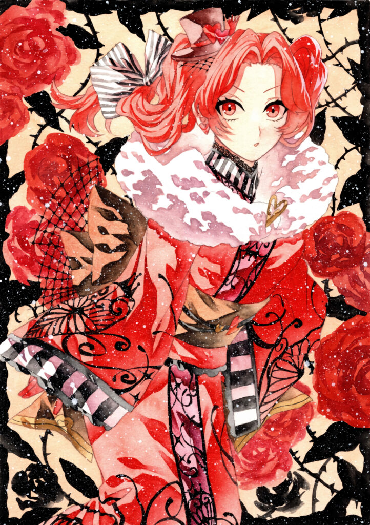 Stylish Girl in Hat: Watercolor Anime Wallpaper with Roses and Snowflakes