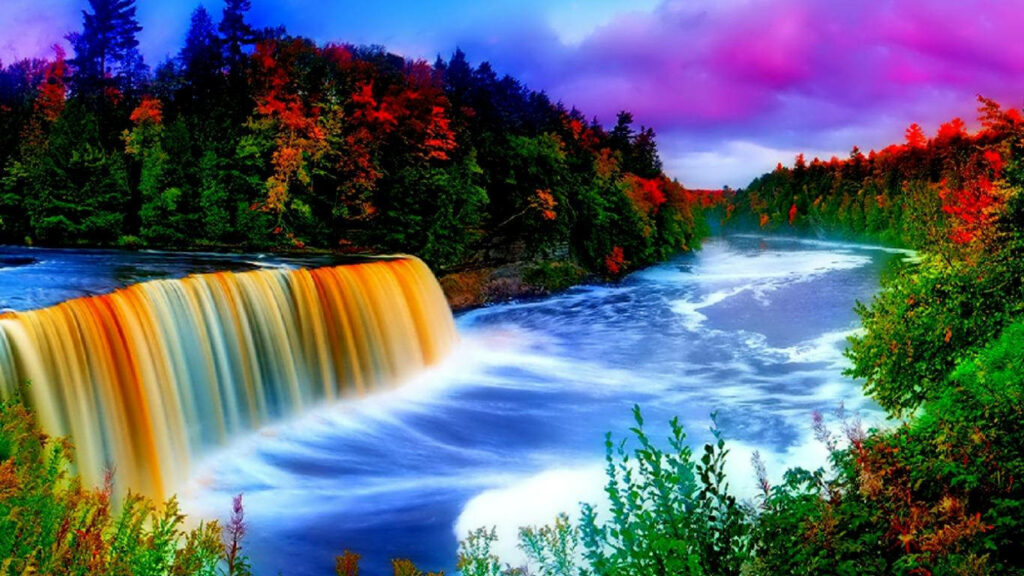 Vivid Waterfall Wallpaper: Tranquil Nature Scene with Autumn Colors