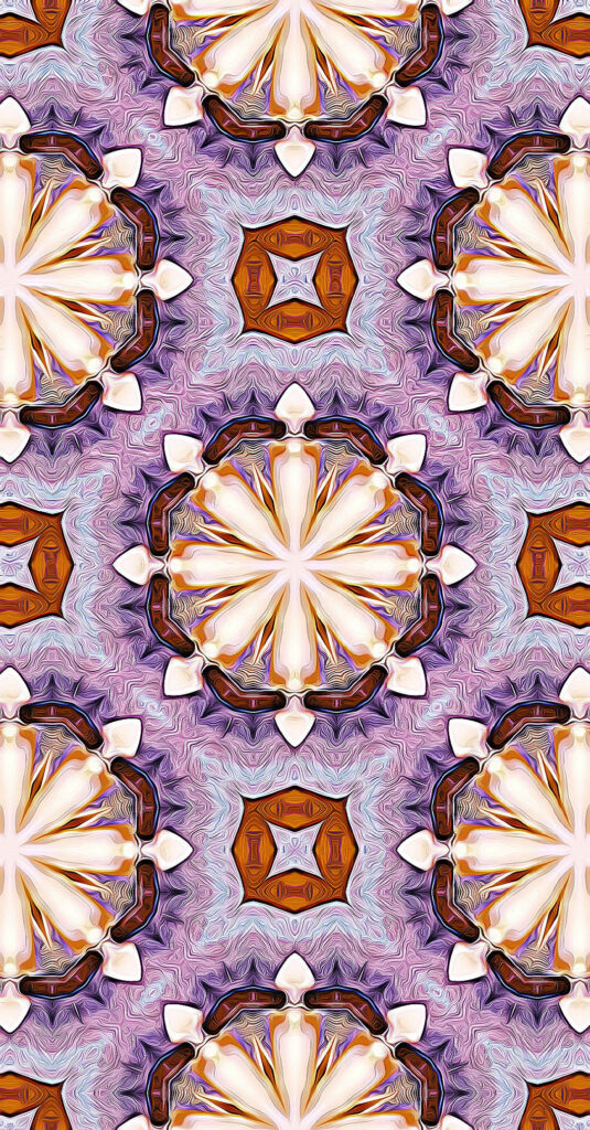 Symmetrical fractal flower wallpaper with lilac white and gold embossed geometric design background