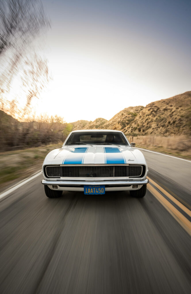 Stunning White Chevrolet Chevelle with Blue Stripes - Wallpaper Background