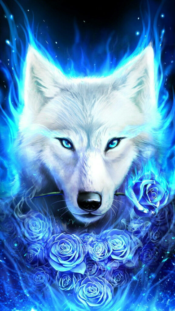 Stunning White Fox with Blue Flames and Roses - Mystical Wallpaper