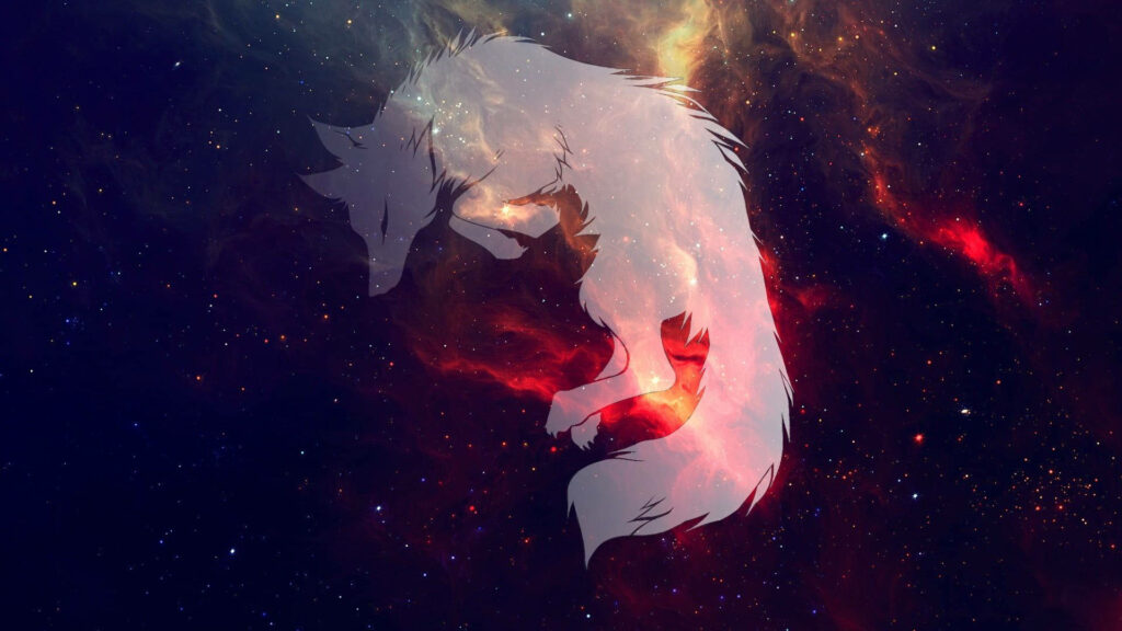 Stunning White Wolf Silhouette in Vibrant Galaxy Background Wallpaper