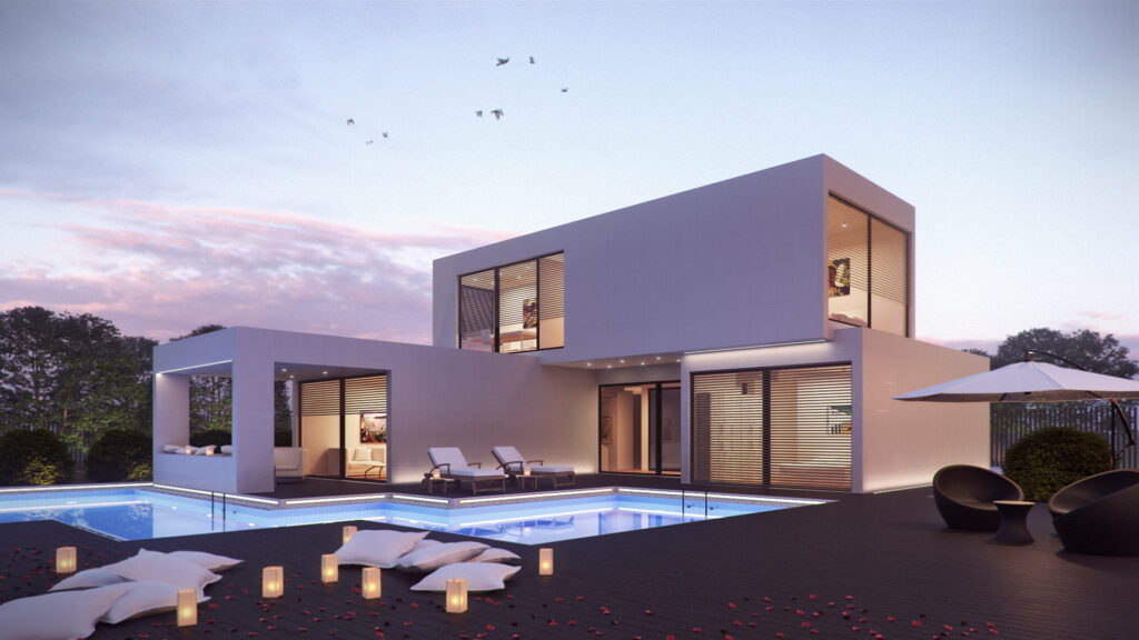 3D modern white and brown concrete mansion at dusk with illuminated pool and romantic seating Wallpaper