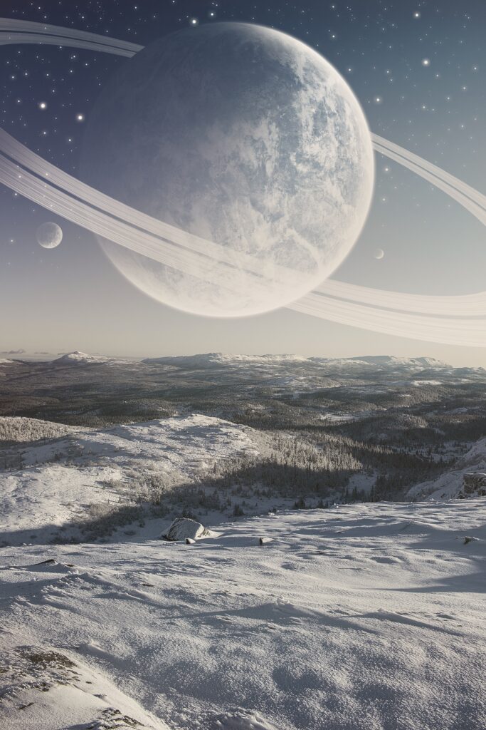 Serene Winter Landscape Wallpaper with Cosmic View of Planets
