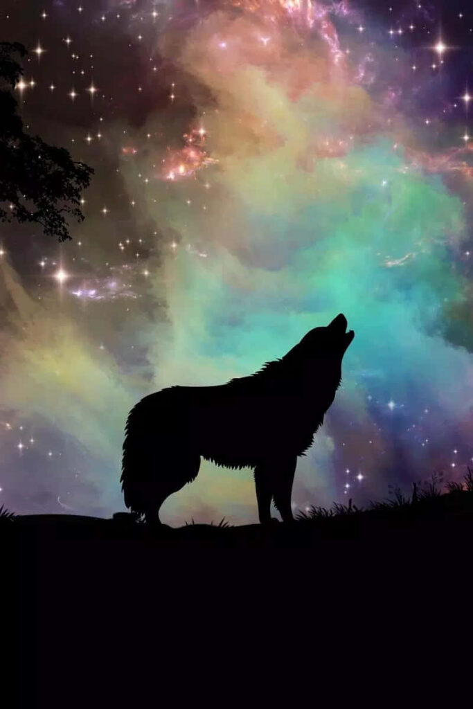 Stunning Wolf Silhouette Wallpaper Against Cosmic Galaxy Background