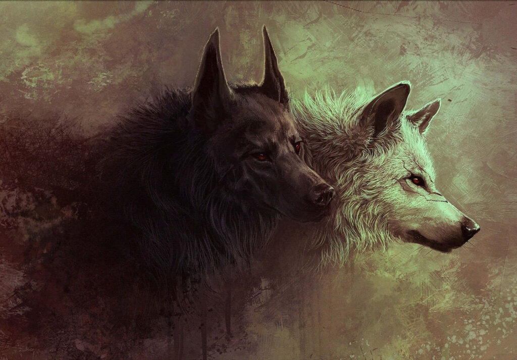 Ethereal Wolf Wallpaper: Dark & Light Canines in Mystical Light