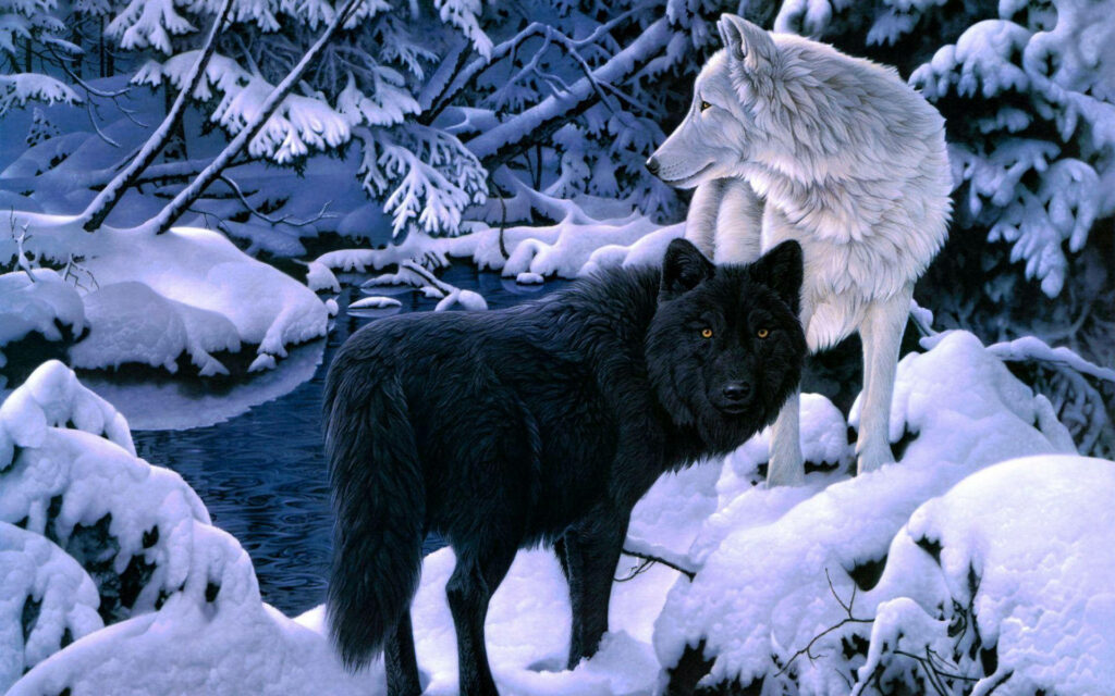 Stunning Wolves in Snowy Forest - Serene Desktop Wallpaper