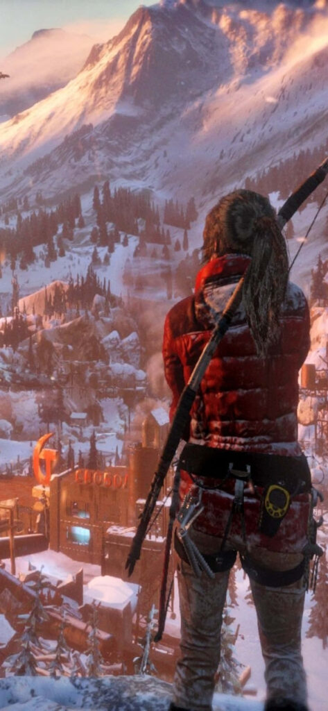 Mountain-Scaping Serenity: A Woman's Majestic View from a Towering Platform in Rise of the Tomb Raider Wallpaper in QHD 2K 1125x2436 Resolution