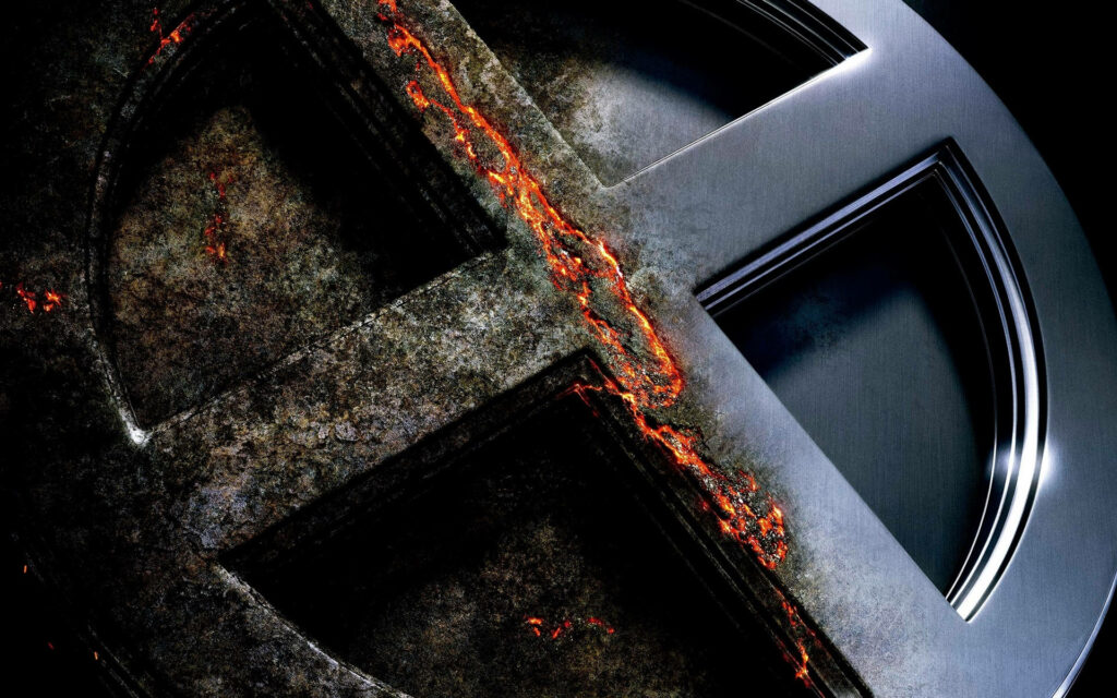 X-Men Logo Wallpaper: Fiery Metallic Design with Apocalyptic Vibes