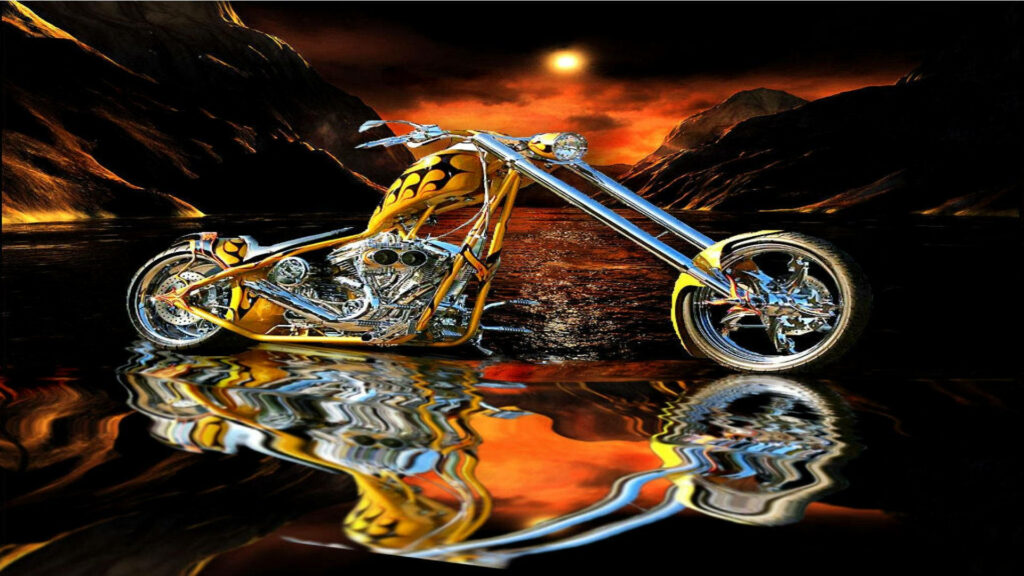 Stunning Yellow Chopper Motorcycle Wallpaper with Sunset Reflections