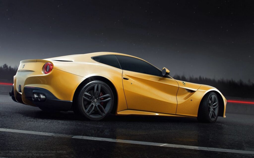 Elegant Yellow Ferrari F12 Berlinetta Wallpaper in Nighttime Scene