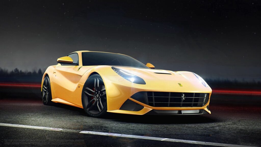 Stunning Yellow Ferrari F12 Berlinetta Wallpaper in Dramatic Lighting