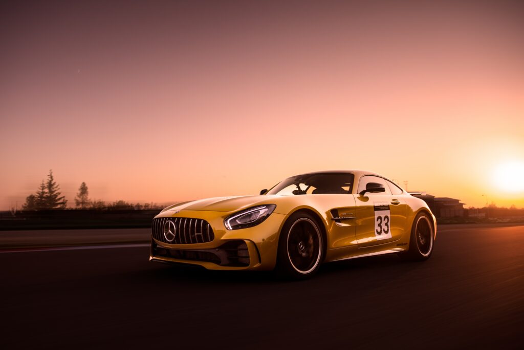 Stunning Yellow Mercedes-Benz GT R at Sunset - High-Performance Wallpaper