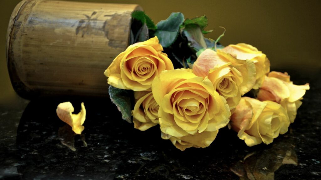 Elegant Yellow Roses Bouquet on Reflective Surface - Stunning Wallpaper