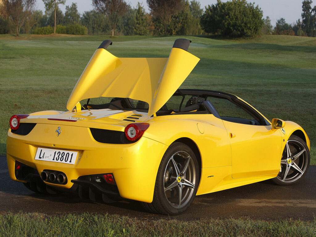 Captivating Field Reverie: Unveiling the Radiant 4k Ferrari Yellow Spider 2013 Car Model with an Open-Top Design in an Enchanting Back-Angle Shot Wallpaper