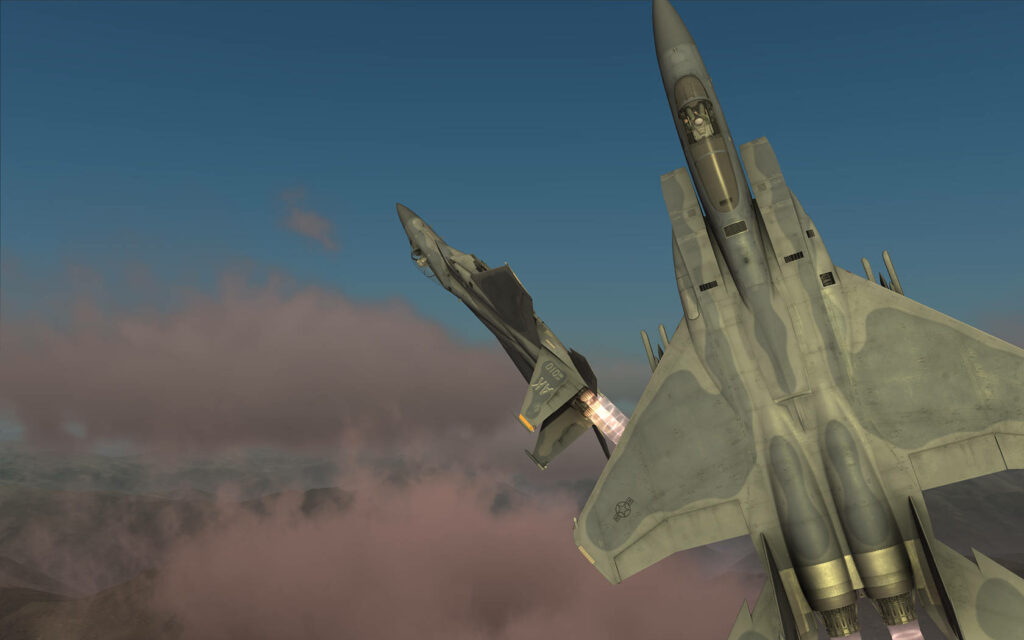 Awe-Inspiring Aerial Display: Dominating Duo of F-15 Eagle Fighter Aircraft in Microsoft Flight Simulator's Breathtaking Skyline Wallpaper